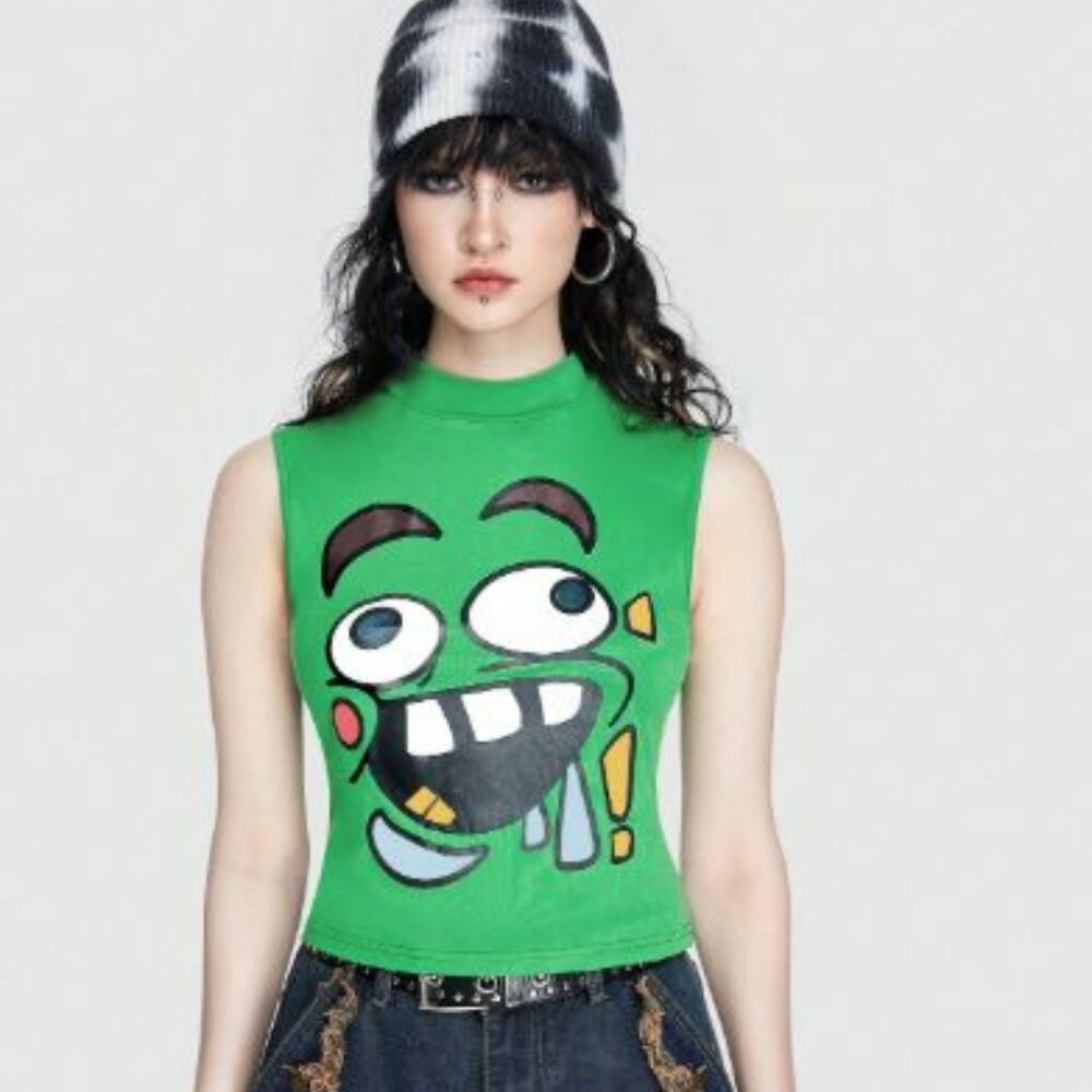 Creepy Cute Green Cartoon Monster Face Mock Neck Tank Top Size L Decora Harajuku